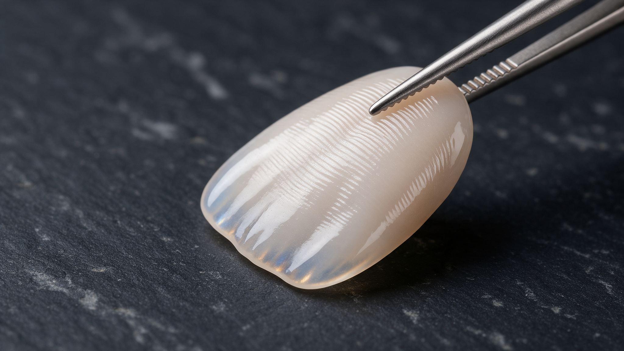 Macrofotografía de carilla de porcelana con periquimatas y halo incisal translúcido