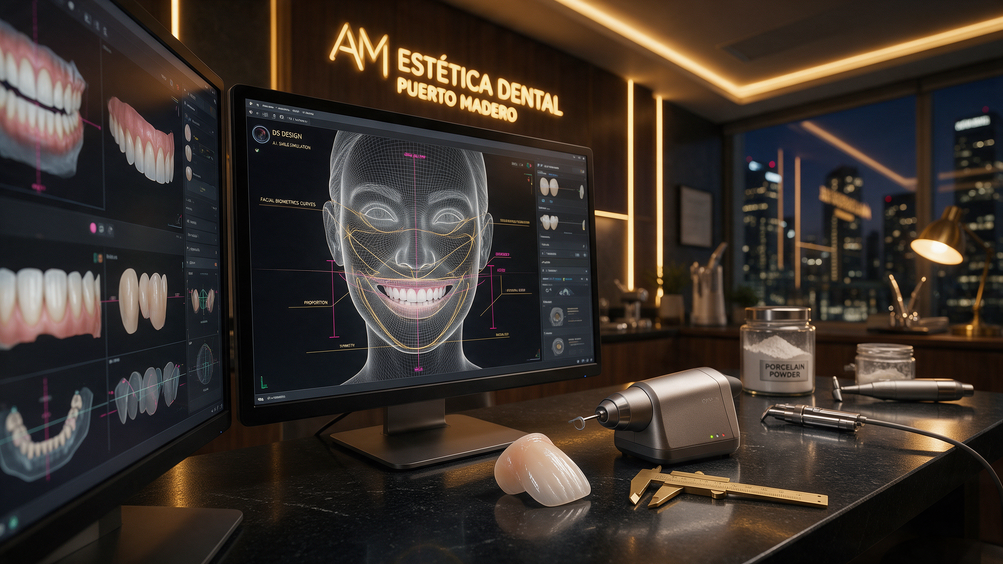 Estación de diseño de sonrisa con IA y carillas de porcelana AM Estética Dental
